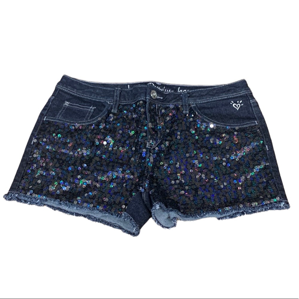 Justice Premium Junior Girl's 16 1/2 Blue Jean Cut-Offs Sequin Front Shorts NWOT